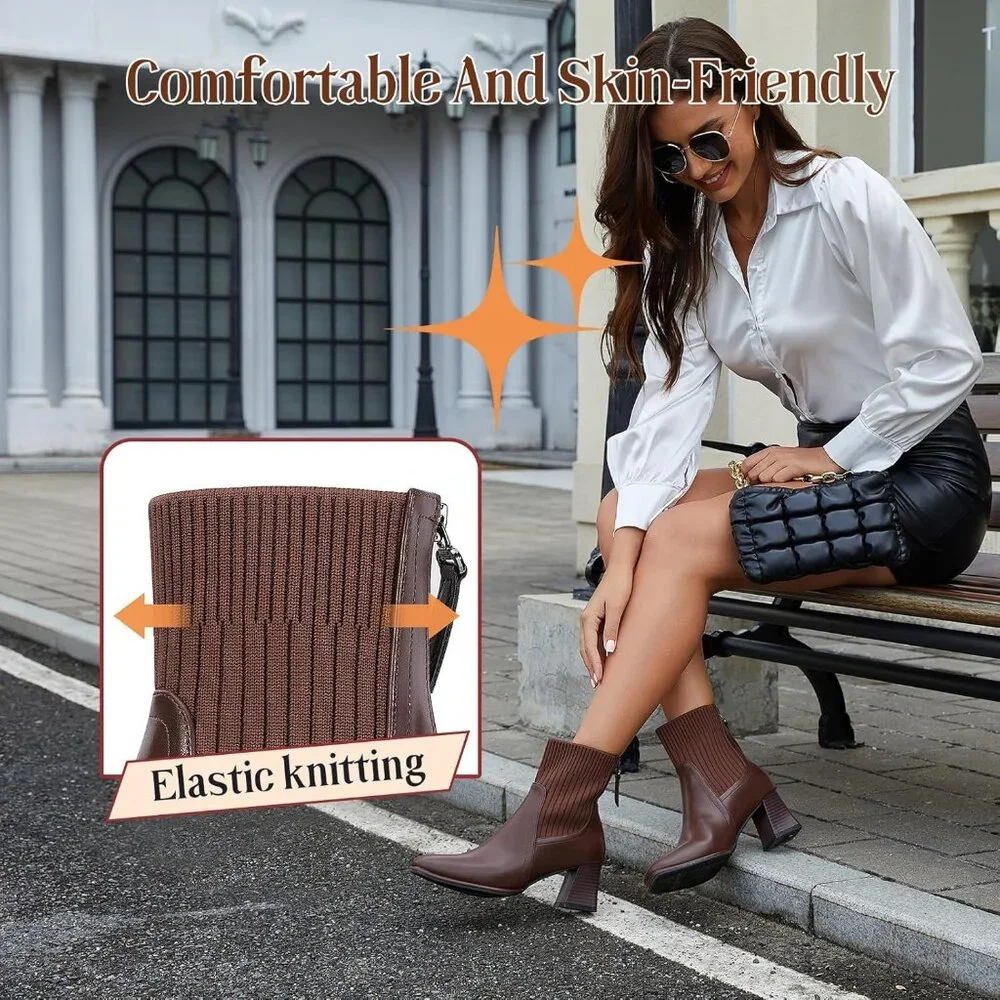 Women's Back Zipper Square Toe Ankle Chelsea Heel Comfortable Brown Boot - Picture 4 of 6